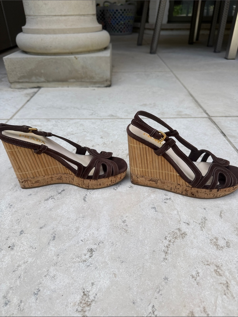 Prada Dark Brown Suede Slingback Heels with Gold Buckles - Picture 3 of 5